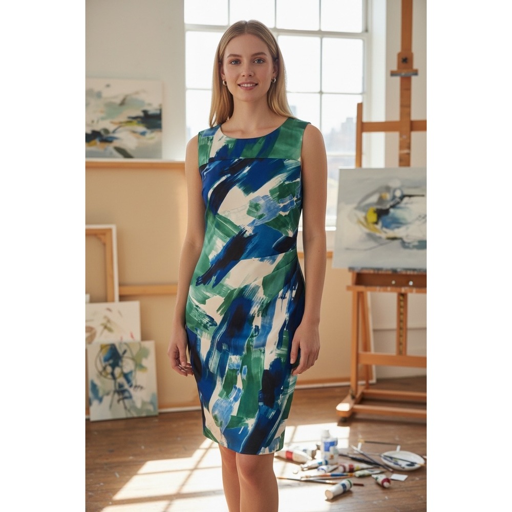 Calvin Klein Women Blue Green Abstract Brushstroke Sheath Dress Size 2 CD4HCA6M